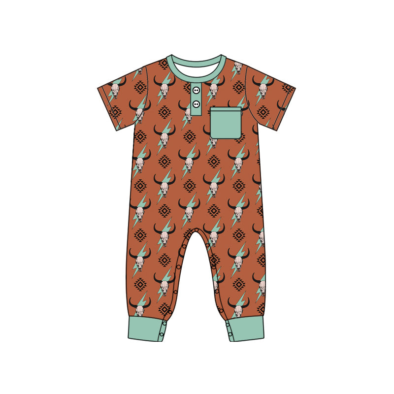 presale SR2044  Alpine Bull Head Lightning Geometric Teal Pocket Brown Short Sleeve Bodysuit 2024 10.10
