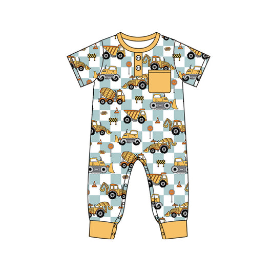 presale SR2046 Engineering Vehicle Blue and White Plaid Yellow Pocket Short Sleeve Bodysuit  2024 10.10