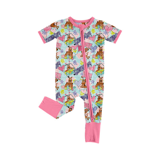 presale SR2057 Valentine's Day Cartoon Dog Love Heart Pink Lace Zipper Short Sleeve Bodysuit  2024 10.14