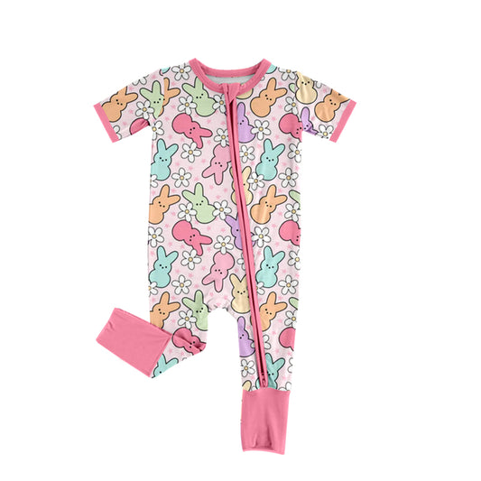 presale SR2059  Easter Colorful Bunny Flower Pink Zipper Short Sleeve Bodysuit  2024 10.14