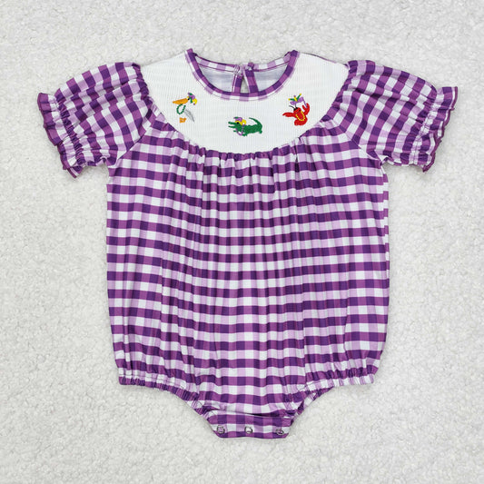 SR2060 Baby Infant Girls Mardi Gras Purple Checkered Smocked Rompers