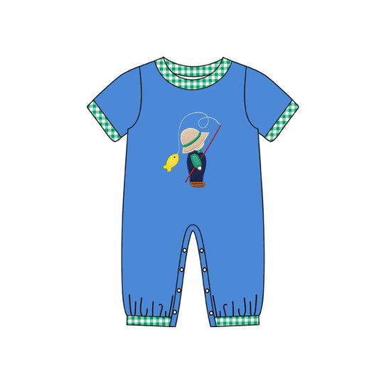 presale SR2061 Fishing Kids Green Plaid Blue Short Sleeve Onesie 2024 10.14