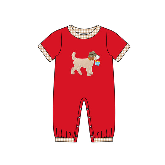 presale SR2062  Fishing Puppy Brown Plaid Red Short Sleeve Onesie 2024 10.14