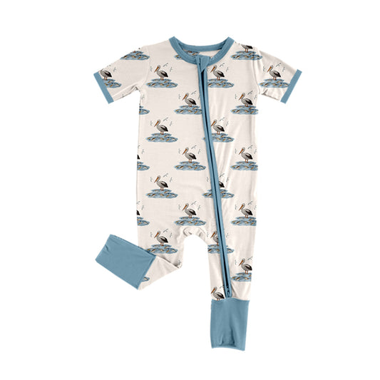 presale SR2063 Bird Fishing Rice Blue Zipper Short Sleeve Bodysuit   2024 10.14