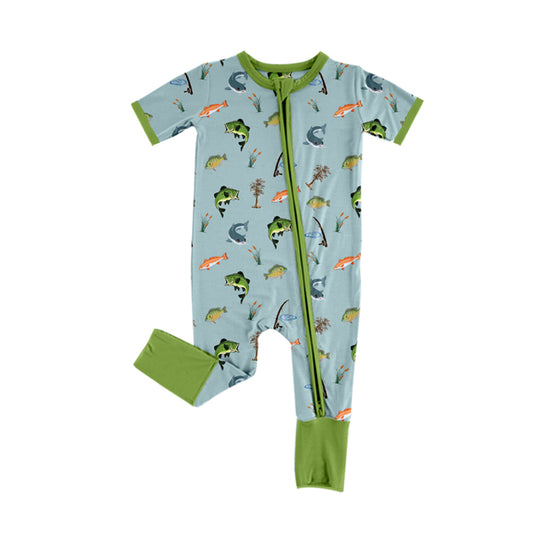 presale SR2064 Fishing Teal Zip-Up Short Sleeve Bodysuit  2024 10.14