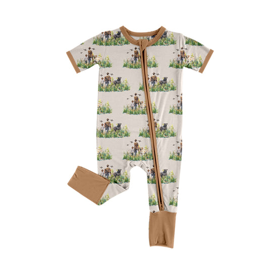 presale SR2065 Hunting Puppy Duck Grass Brown Zipper Short Sleeve Onesie 2024 10.14