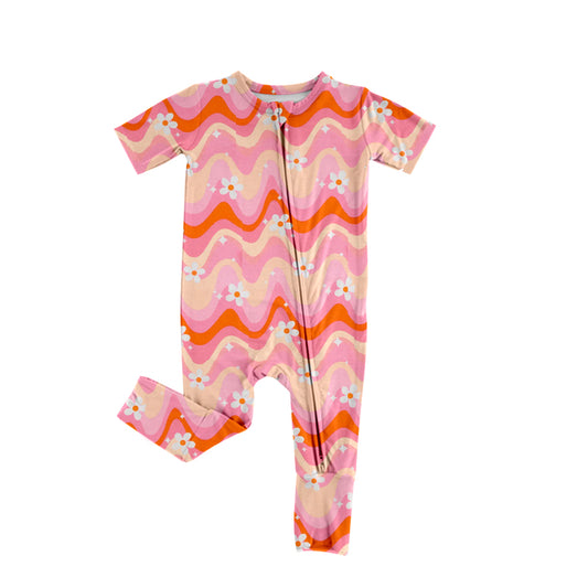 presale SR2066 Floral Pink and Orange Striped Zipper Short Sleeve Bodysuit 2024 10.14