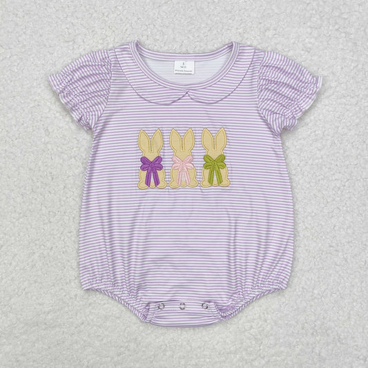 SR2074  Bow Bunny Purple Striped Doll Collar Short Sleeve Bodysuit