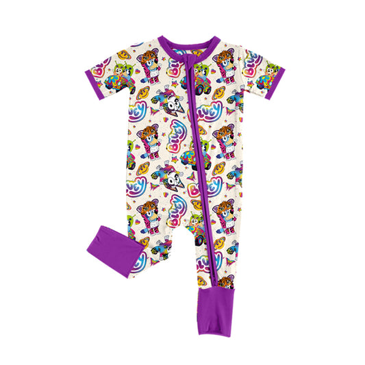 presale SR2076  Cartoon Butterfly Purple Trim Beige Zipper Short Sleeve Bodysuit 2024 10.17