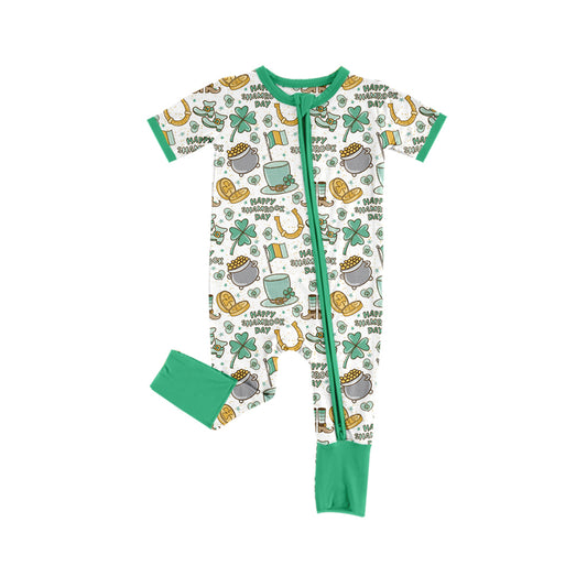 presale SR2081 Green zip-up short-sleeved bodysuit with four-leaf clover and gold coins  2024 10.18