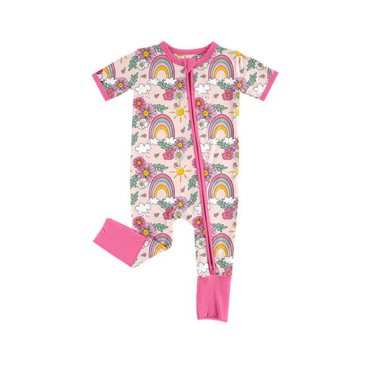 presale SR2084 Floral Rainbow Pink Zipper Short Sleeve Bodysuit  2024 10.18