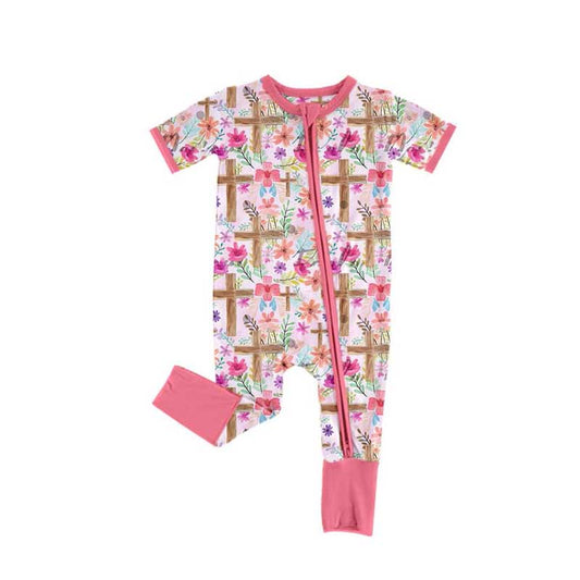 presale SR2089  Pink floral cross zip-up short-sleeved bodysuit 2024 10.19