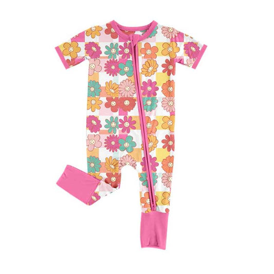 presale SR2092 Floral Plaid Pink Zipper Short Sleeve Bodysuit  2024 10.21