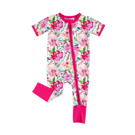 presale SR2093 Flower and Leaf Rose Red Trim Zipper Short Sleeve Bodysuit 2024 10.21
