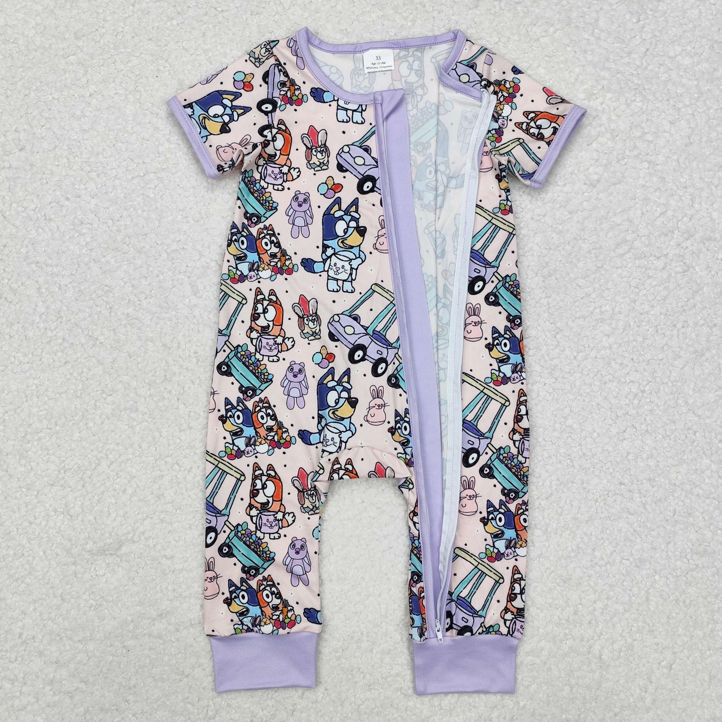 SR2095 Easter Car Purple Zip-Up Short Sleeve Bodysuit