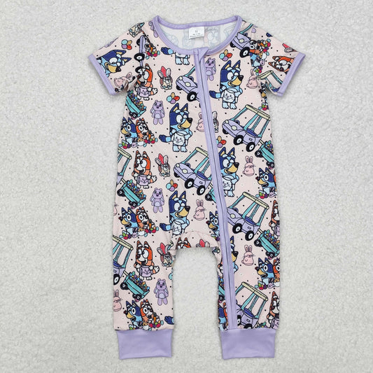 SR2095 Easter Car Purple Zip-Up Short Sleeve Bodysuit