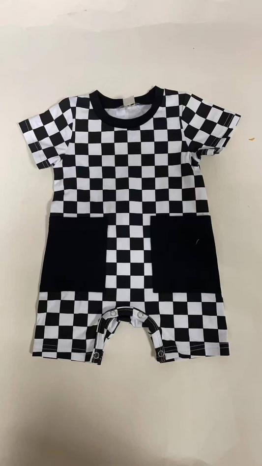 presale SR2097 Pocket Black and White Plaid Short Sleeve Bodysuit 2024 10.22