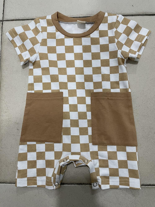 presale SR2098 Brown and White Plaid Short Sleeve Bodysuit with Pockets2024 10.22