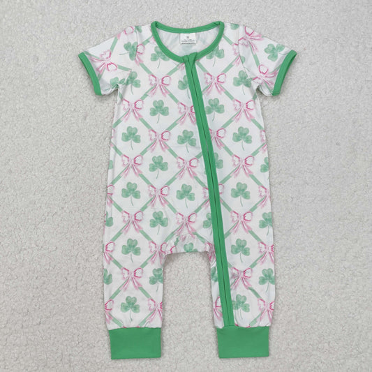 SR2109 Green and white zip-up short-sleeved clovers and bows