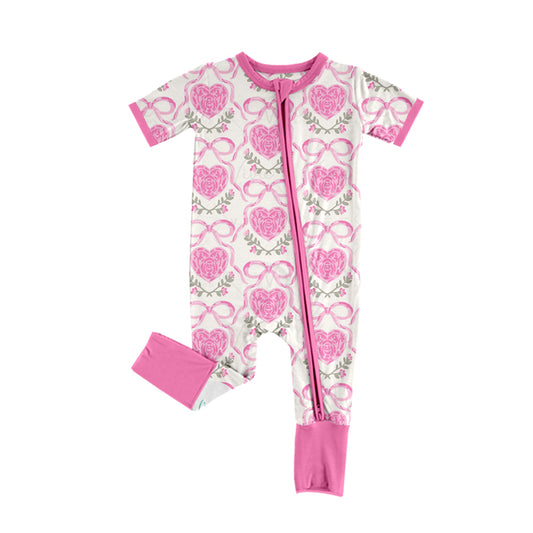 presale SR2117  Valentine's Day Heart Flower Bow Pattern Beige Zipper Short Sleeve Bodysuit 2024 10.23