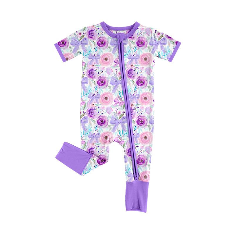 presale SR2121 Purple short-sleeved zip-up bodysuit with floral and bow pattern  2024 10.24