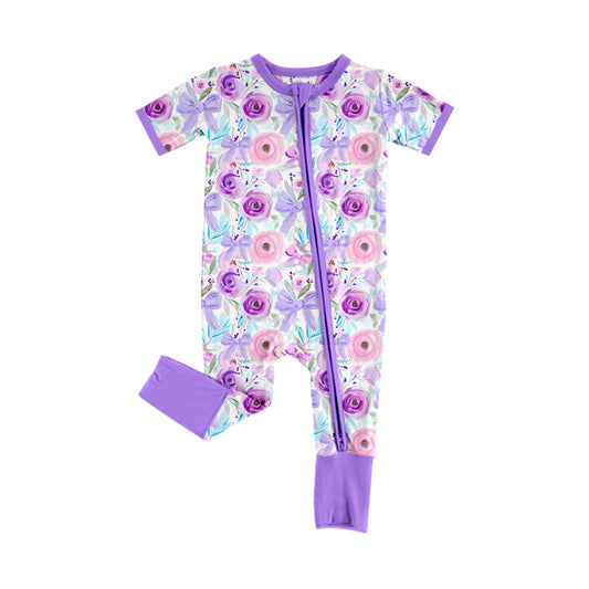 presale SR2121 Purple short-sleeved zip-up bodysuit with floral and bow pattern  2024 10.24
