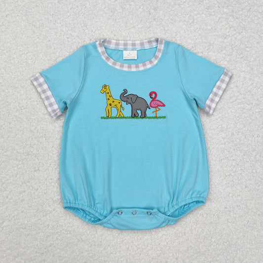 SR2123 Boys Giraffe Elephant Bird Animal Blue Short Sleeve Onesie