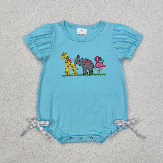 SR2124 Girls Giraffe Elephant Bird Animal Blue Short Sleeve Bodysuit