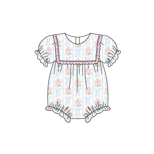 presale SR2130 White short-sleeved bodysuit with flowers, leaves and blue bows  10.25