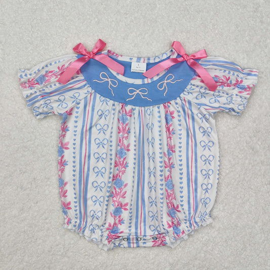 SR2131 Pink Bow Flower Stripe Short Sleeve Bodysuit