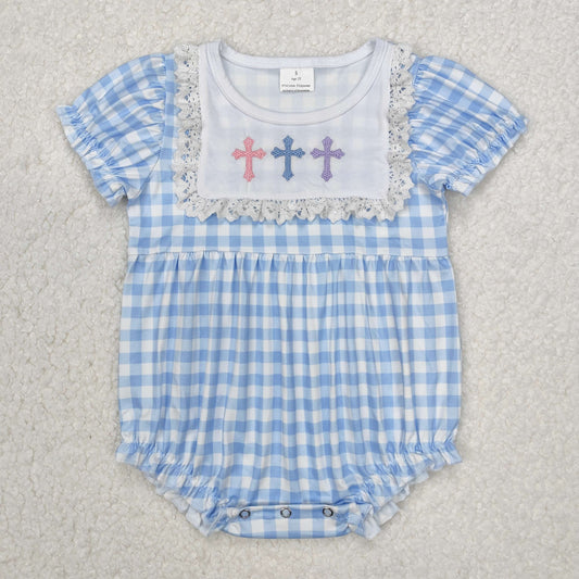 SR2133 Baby Infant Girls Easter Blue Checkered Cross Rompers D 3.6