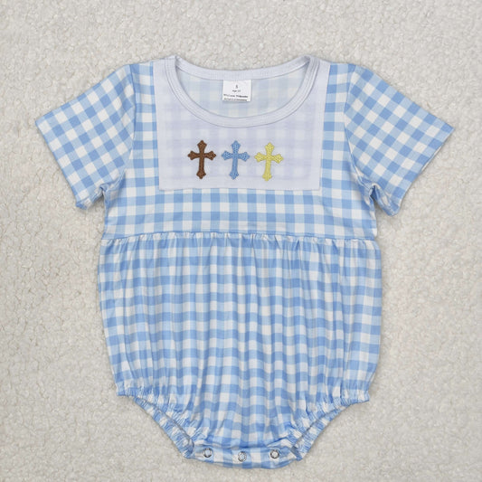 SR2134 Baby Infant Boys Easter Blue Checkered Cross Rompers D 3.6