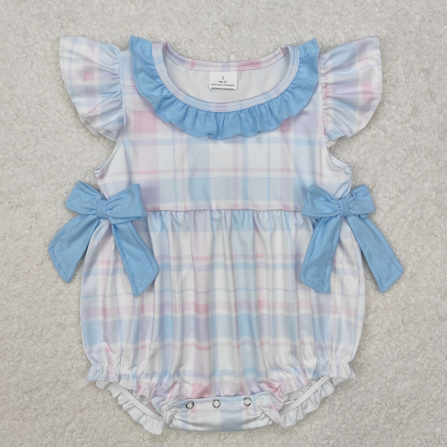 SR2139  Powder Blue Plaid Blue Lace Bow Vest Bodysuit