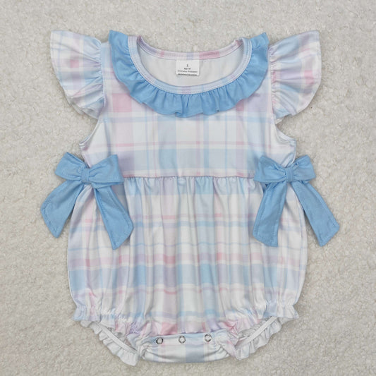 SR2139  Powder Blue Plaid Blue Lace Bow Vest Bodysuit