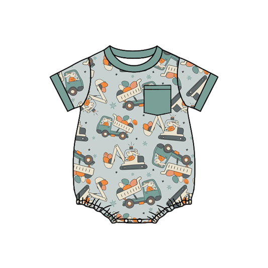 presale SR2155  Teal Pocket Easter Egg Construction Truck Short Sleeve Bodysuit  2024 10.29