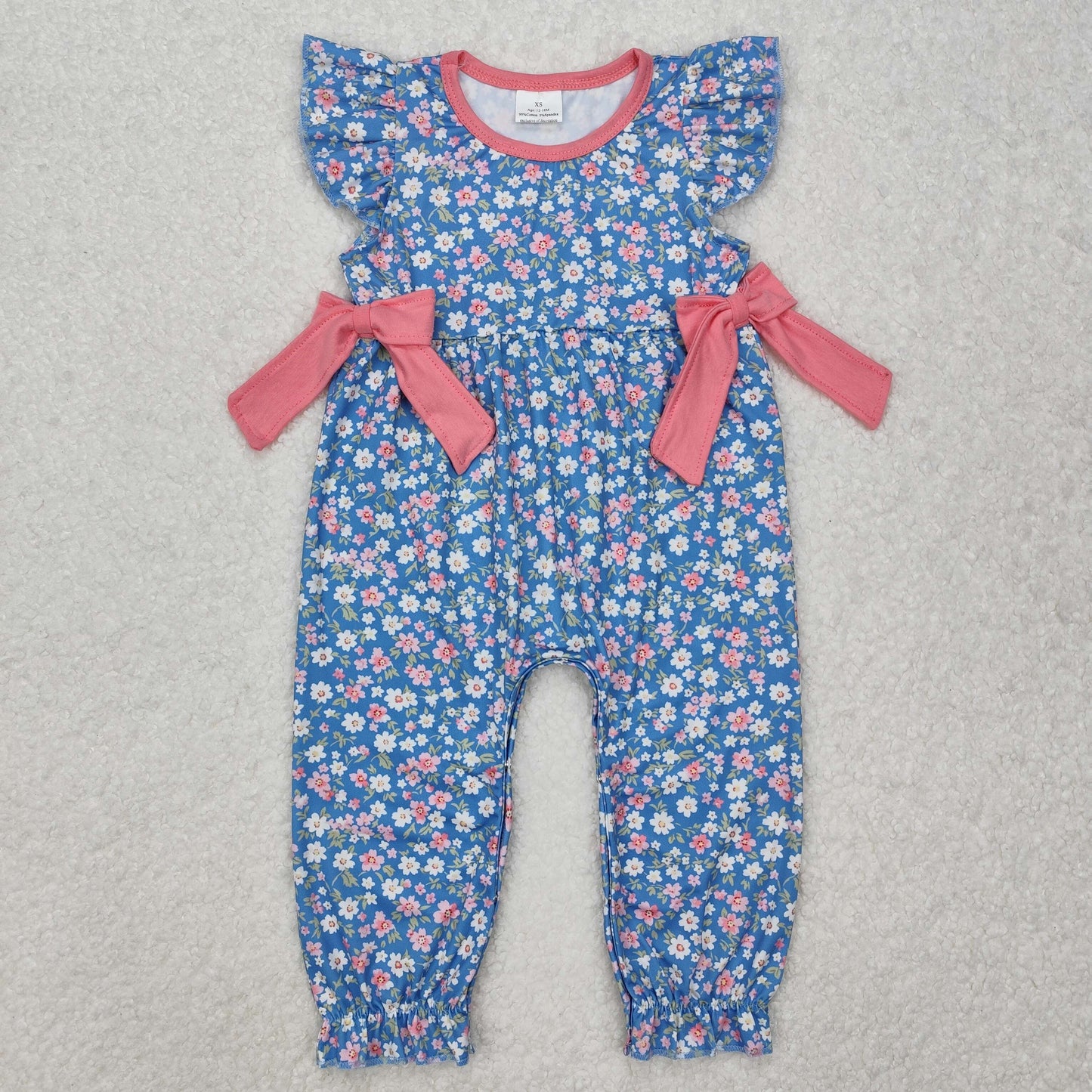 SR2166 Floral Flower and Leaf Pink Bow Flying Sleeve Bodysuit