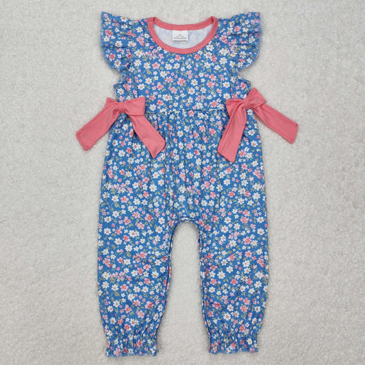 SR2166 Floral Flower and Leaf Pink Bow Flying Sleeve Bodysuit