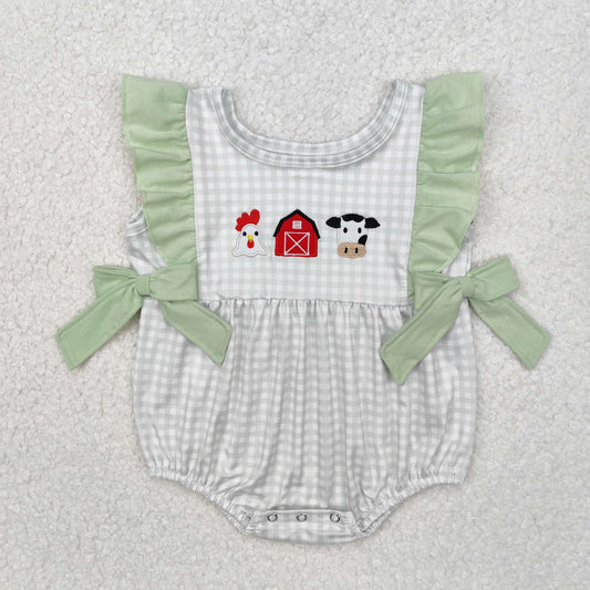 SR2184 Chicken Farm Red House Cow Green Lace Plaid Vest Bodysuit