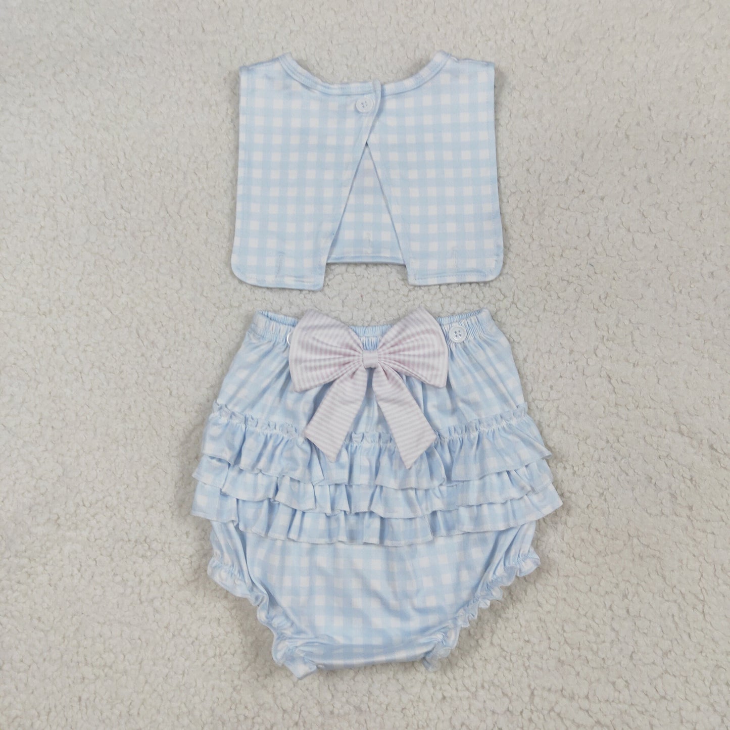 SR2203 Pink Bow Blue Plaid Vest Bodysuit