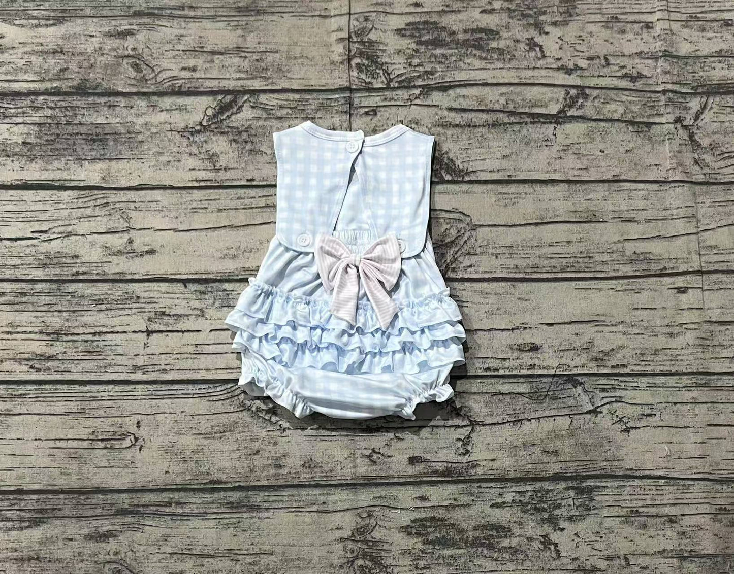 SR2203 Pink Bow Blue Plaid Vest Bodysuit