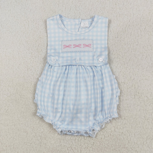 SR2203 Pink Bow Blue Plaid Vest Bodysuit