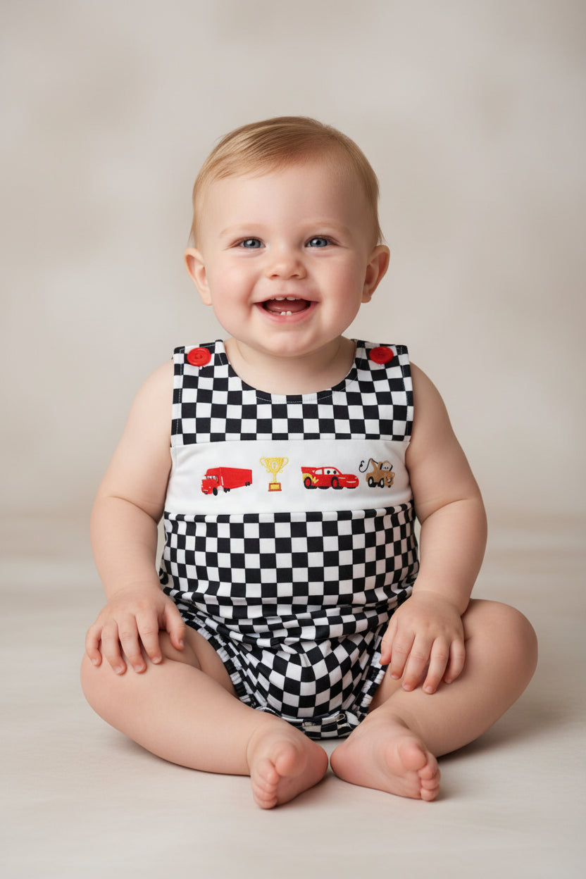 SR2207  Cartoon Car Engineering Vehicle Trophy Black and White Checkered Vest Bodysuit