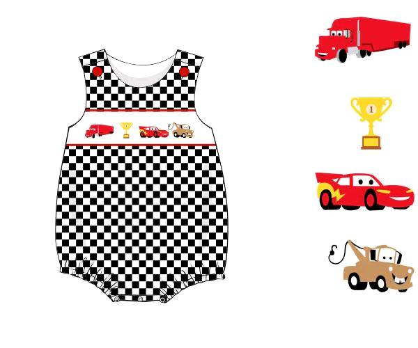 SR2207  Cartoon Car Engineering Vehicle Trophy Black and White Checkered Vest Bodysuit