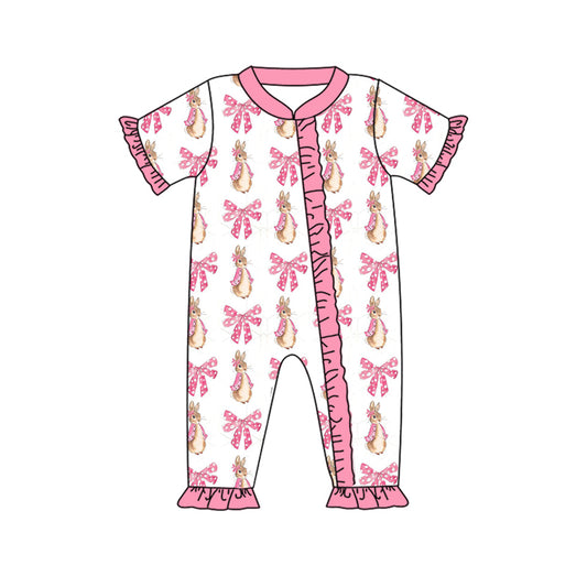 presale SR2213 Easter bunny bow pattern pink lace white zip-up short-sleeved bodysuit 2024 11.7