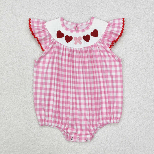 SR2214 Valentine's Day Heart Bow Pattern Pink Plaid Vest Bodysuit