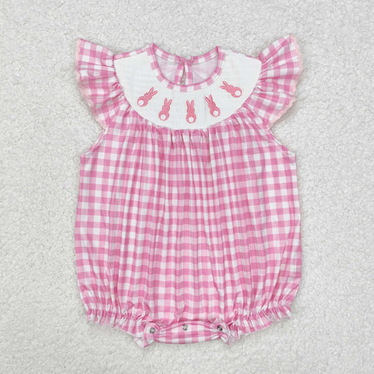 SR2215 Baby Infant Girls Easter Rabbits Checkered Smocked Rompers