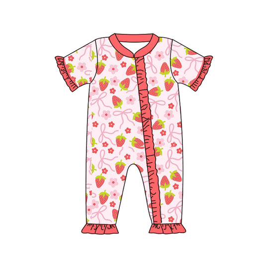 presale  SR2220 Pink zip-up short-sleeved bodysuit with floral and strawberry bow pattern lace  2024 .11.8