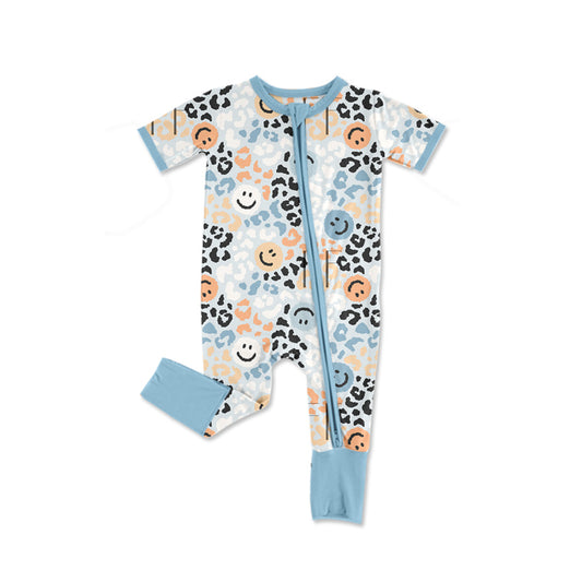 presale SR2223  Leopard print smiley face blue zipper short-sleeved jumpsuit 2024 .11.8