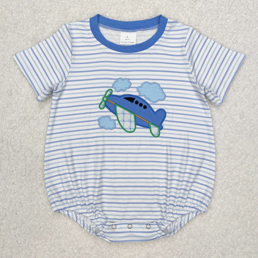 SR2244 Airplane, White Clouds, Blue Striped Short Sleeve Bodysuit D 3.6