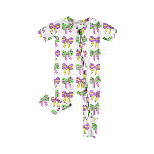 presale SR2245 White zip-up short-sleeved bodysuit with Mardi Gras bow 2024 .11.11